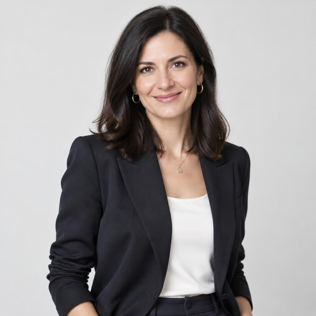 Studio portrait of a smiling businesswoman with dark hair